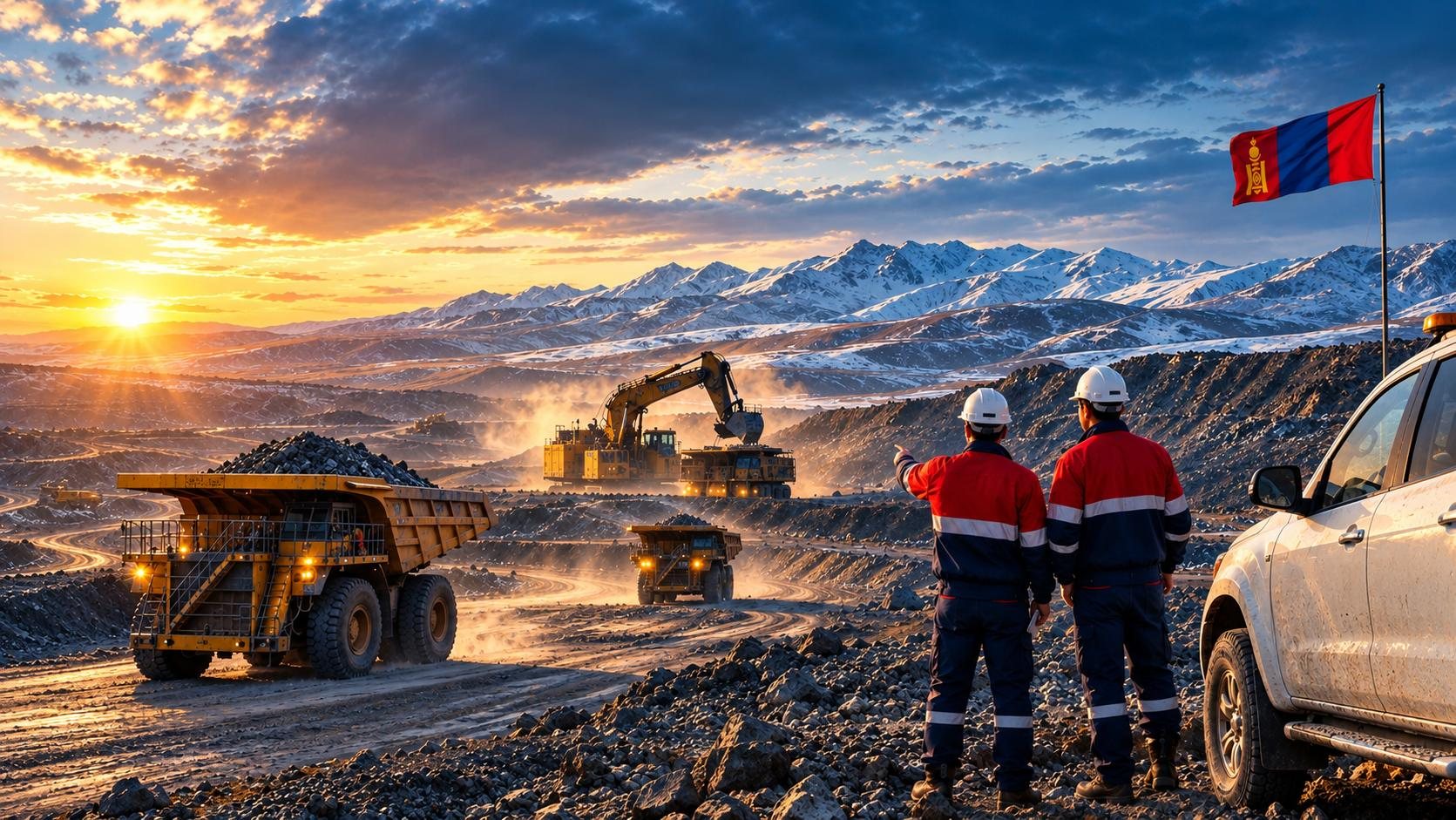 Mining supervisors overlooking haul trucks and an excavator at an open-pit mine in Mongolia at sunset