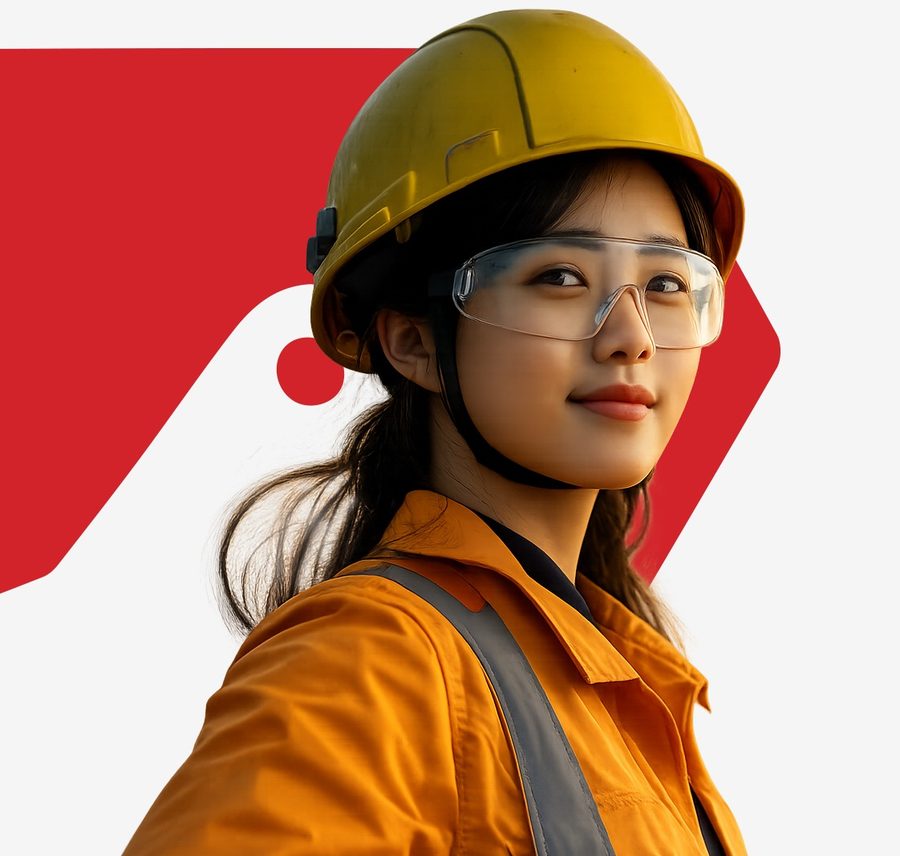 Technician in hard hat, safety glasses and high-visibility jacket